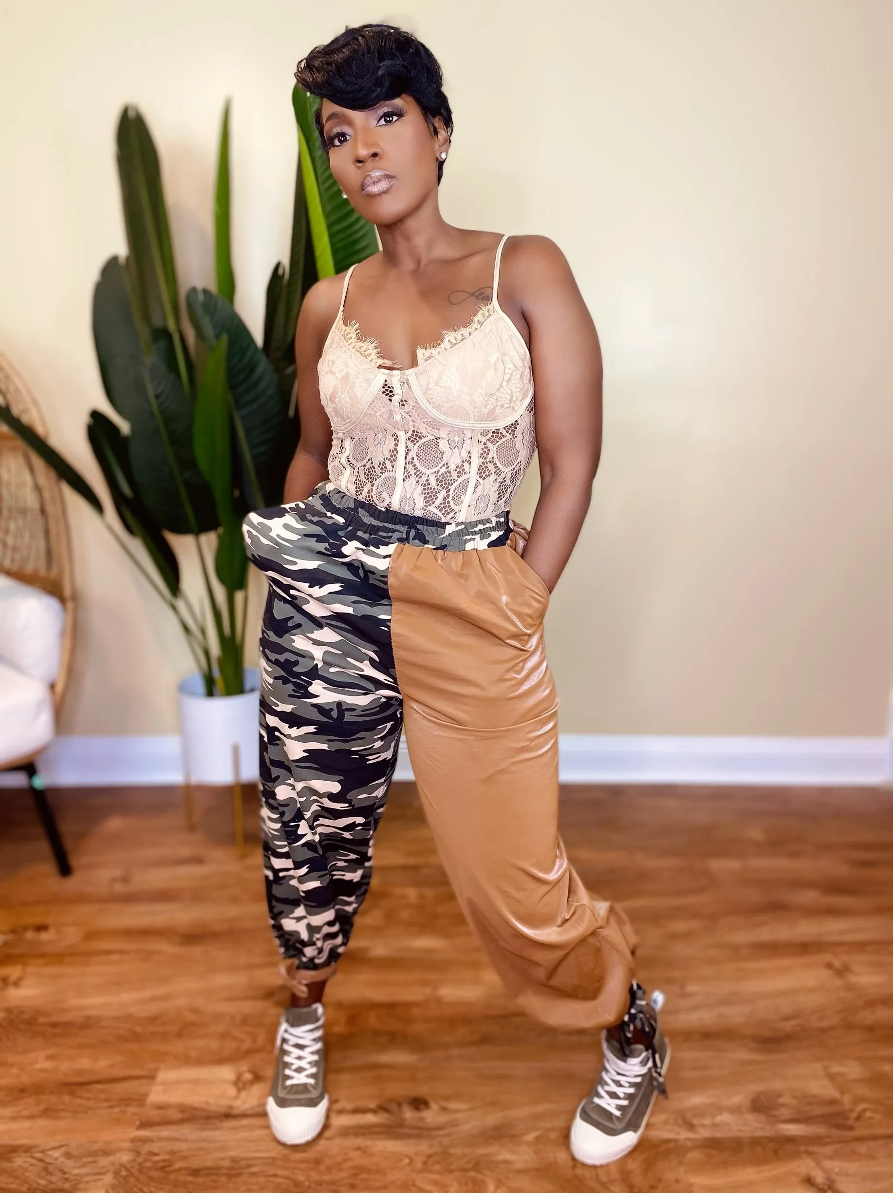 SALUTE ME CAMO/VEGAN LEATHER PANTS