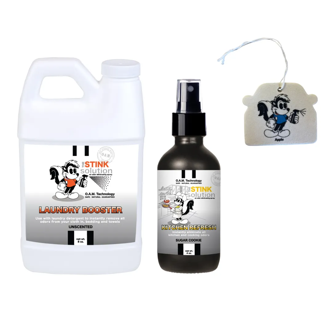 Sample Bundle - 1 Unscented Mini Laundry Booster, 1 Kitchen Odor Eliminator 4 oz (Sugar Cookie Fragrance)   1 Car Air Freshener