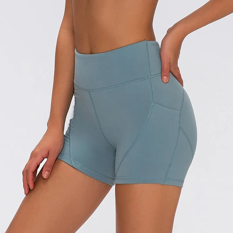 SHINBENE Anti-sweat Plain Sport Athletic Shorts Women High Waisted Soft Cotton Feel Fitness Yoga Shorts with Two Side Pocket