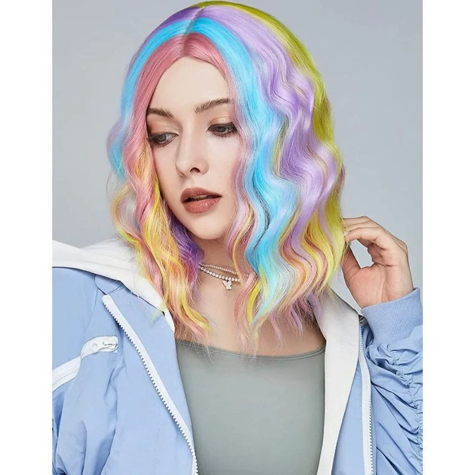 Short Bob Rainbow Wavy Curly Wig Women DragQueen Wigs