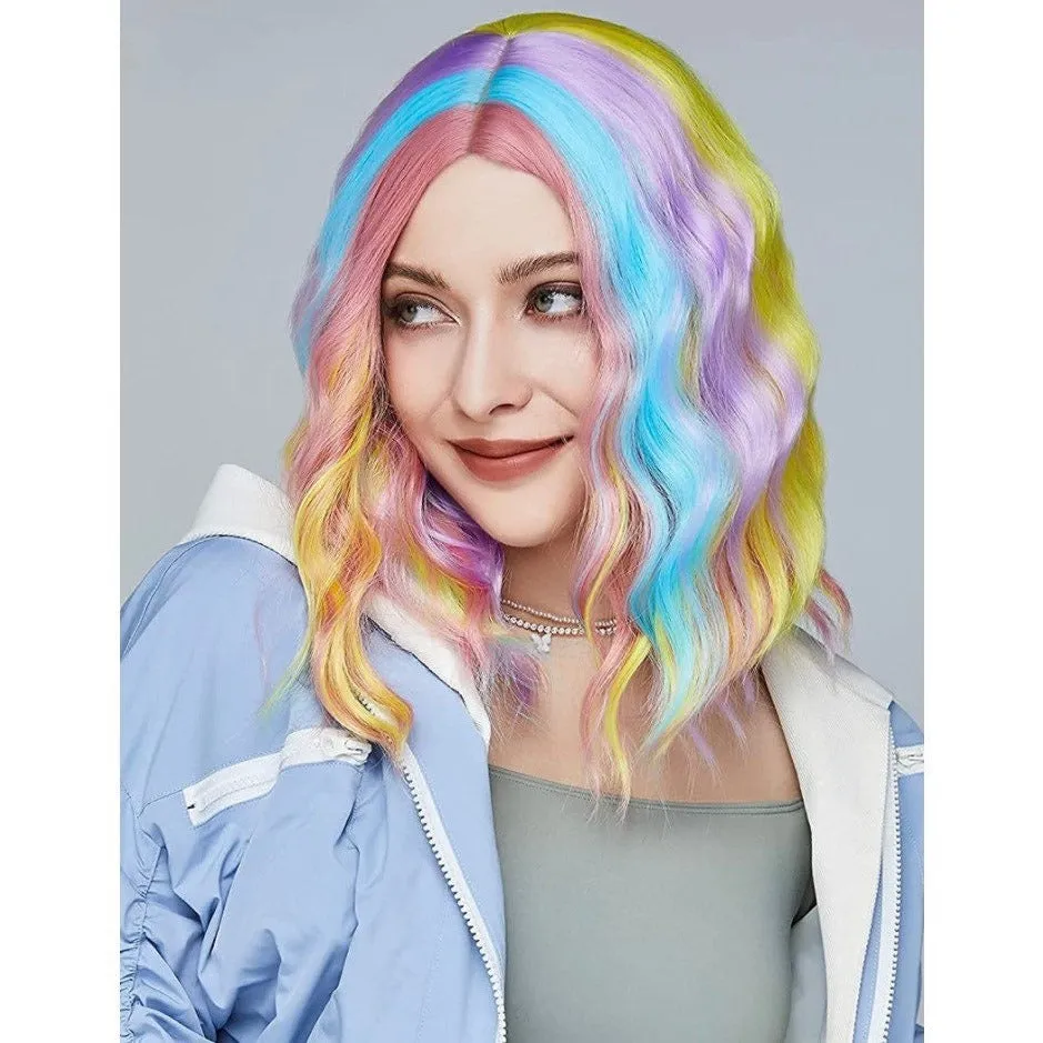 Short Bob Rainbow Wavy Curly Wig Women DragQueen Wigs