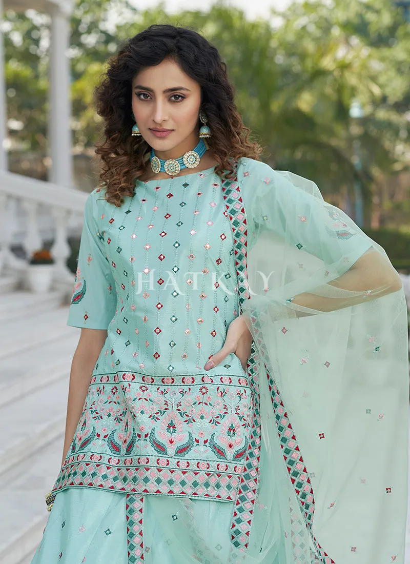 Sky Blue Multi Embroidered Wedding Lehenga Kurti