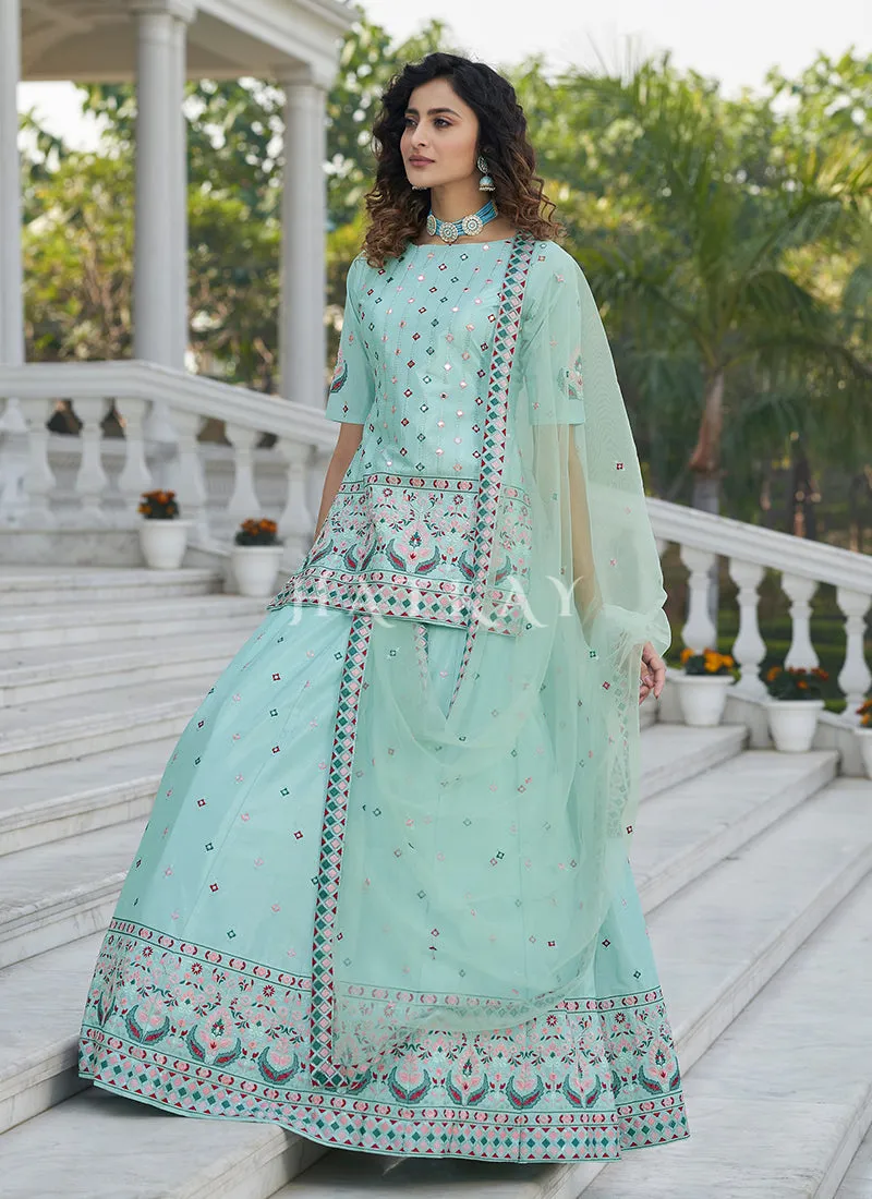 Sky Blue Multi Embroidered Wedding Lehenga Kurti
