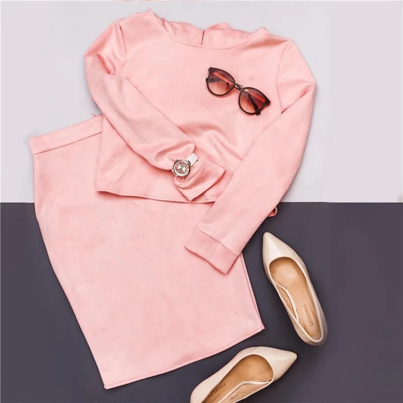 Solid Suede Hoodie & Pencil Skirt (2 Piece Set)