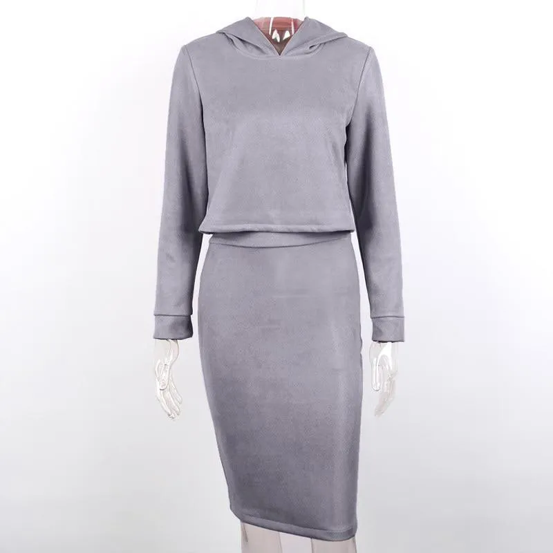Solid Suede Hoodie & Pencil Skirt (2 Piece Set)
