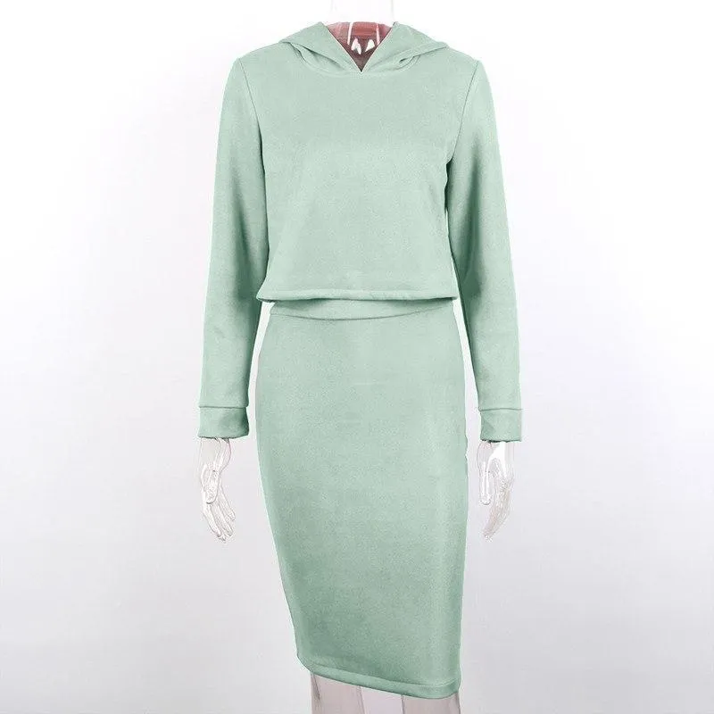 Solid Suede Hoodie & Pencil Skirt (2 Piece Set)