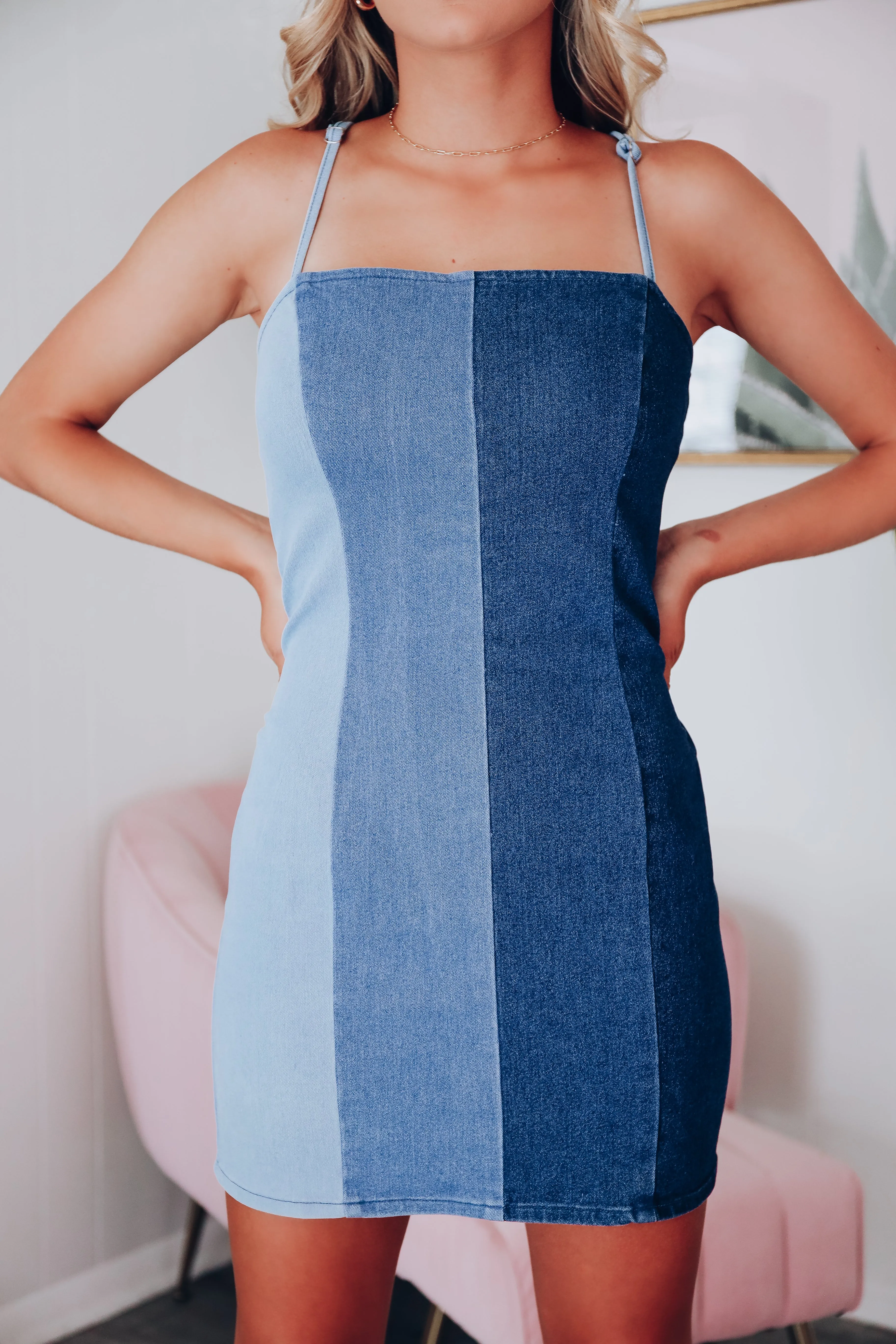 Spears Color Block Denim Mini Dress - Blue