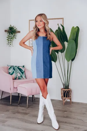 Spears Color Block Denim Mini Dress - Blue