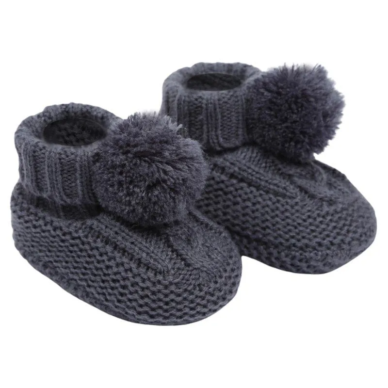 Steel blue pom pom baby booties (newborn to 12 months)