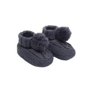 Steel blue pom pom baby booties (newborn to 12 months)