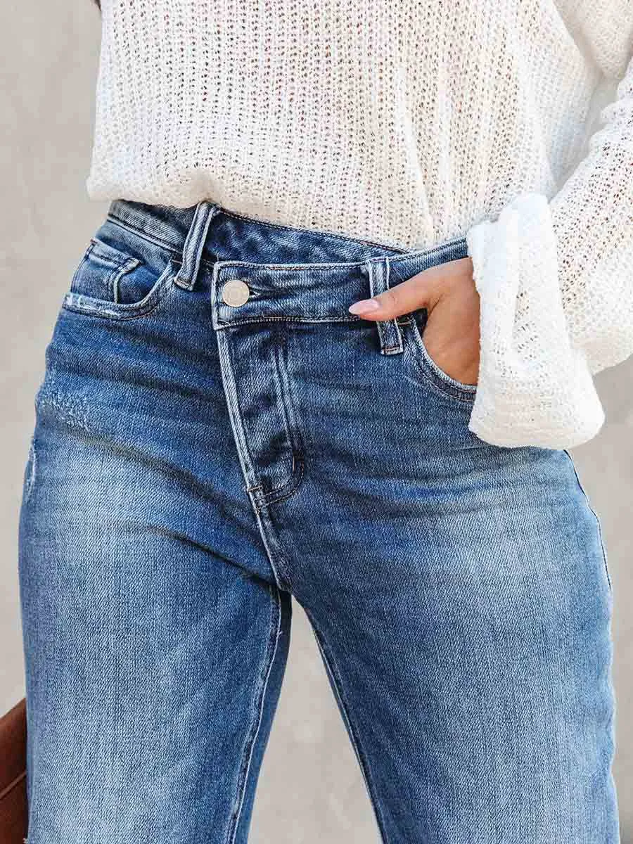 Stunncal Casual Street Solid Make Old Asymmetrical Straight Denim Jeans