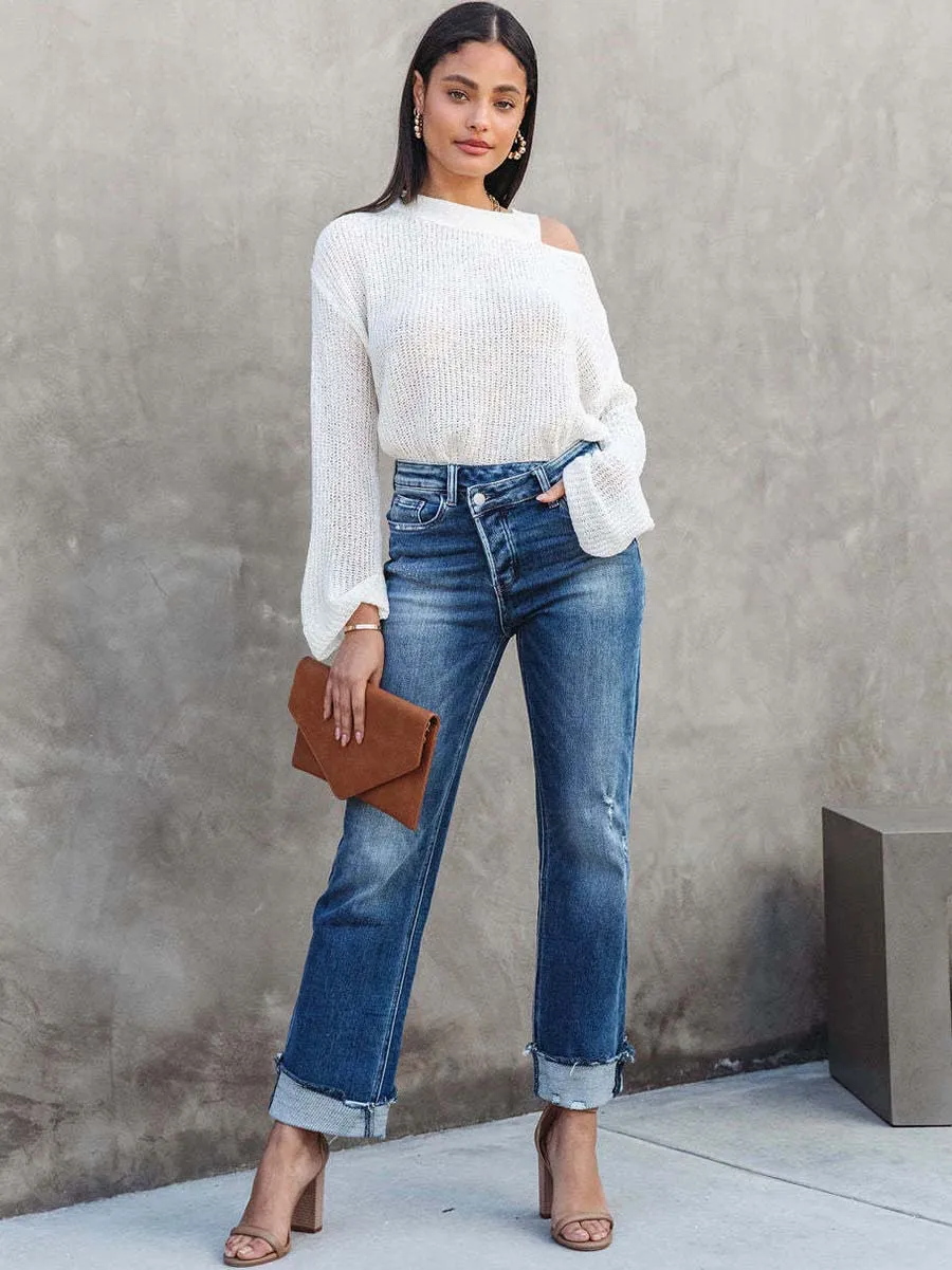 Stunncal Casual Street Solid Make Old Asymmetrical Straight Denim Jeans