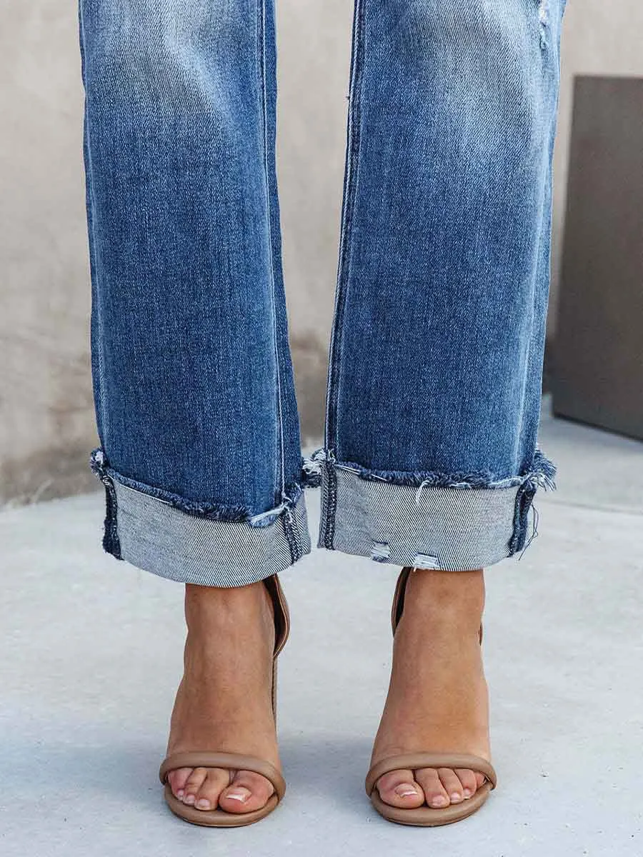 Stunncal Casual Street Solid Make Old Asymmetrical Straight Denim Jeans