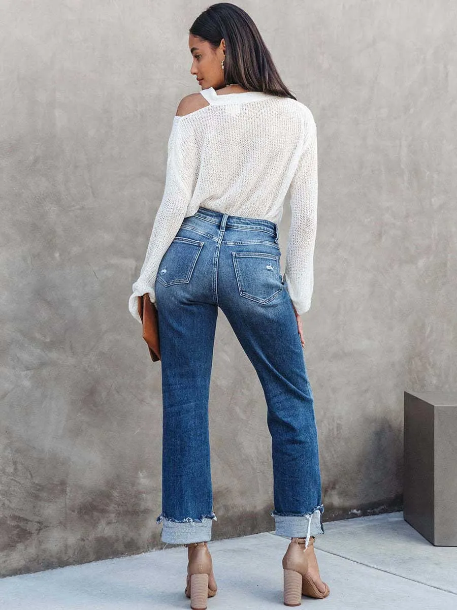 Stunncal Casual Street Solid Make Old Asymmetrical Straight Denim Jeans