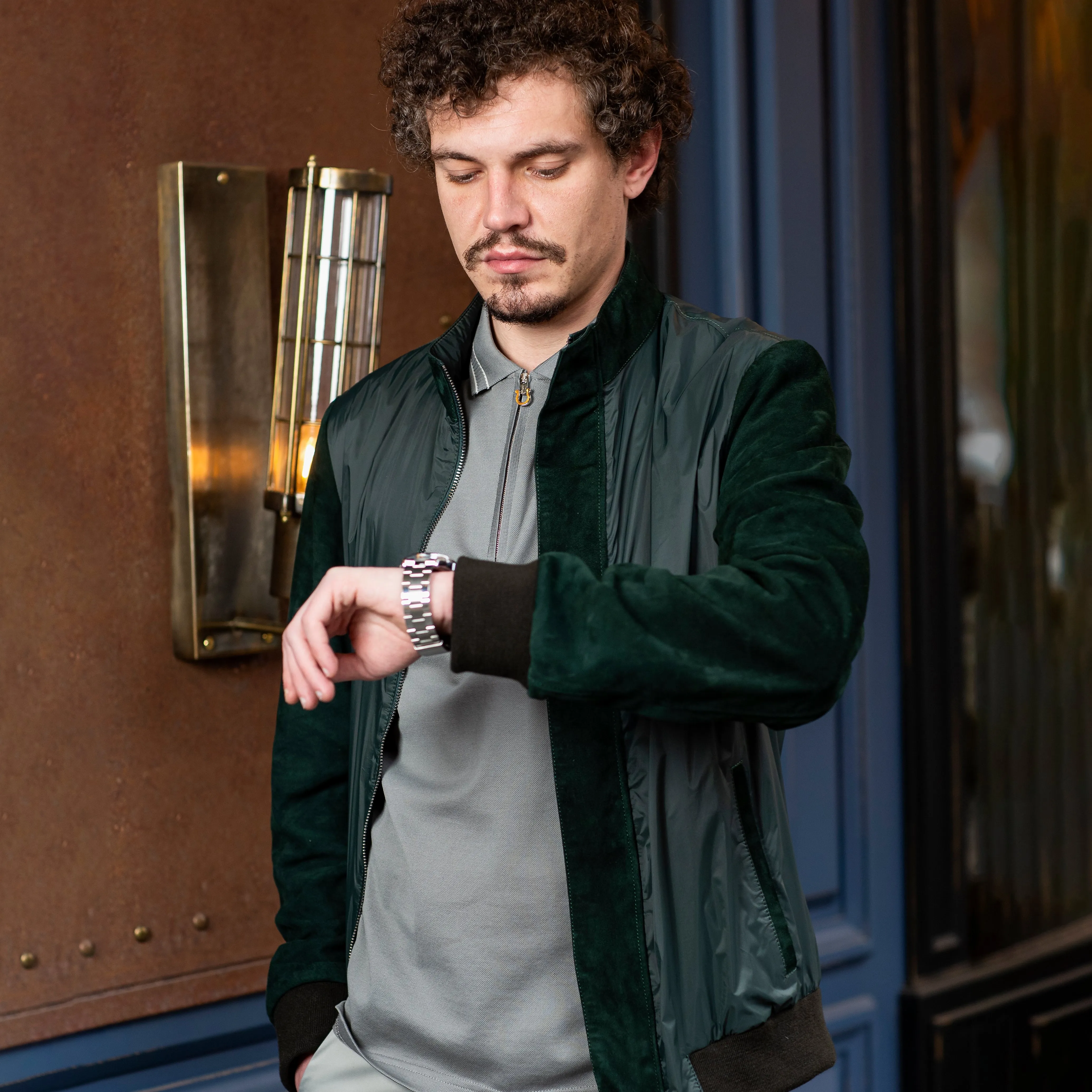 Suede & Fabric Zip Up Jacket