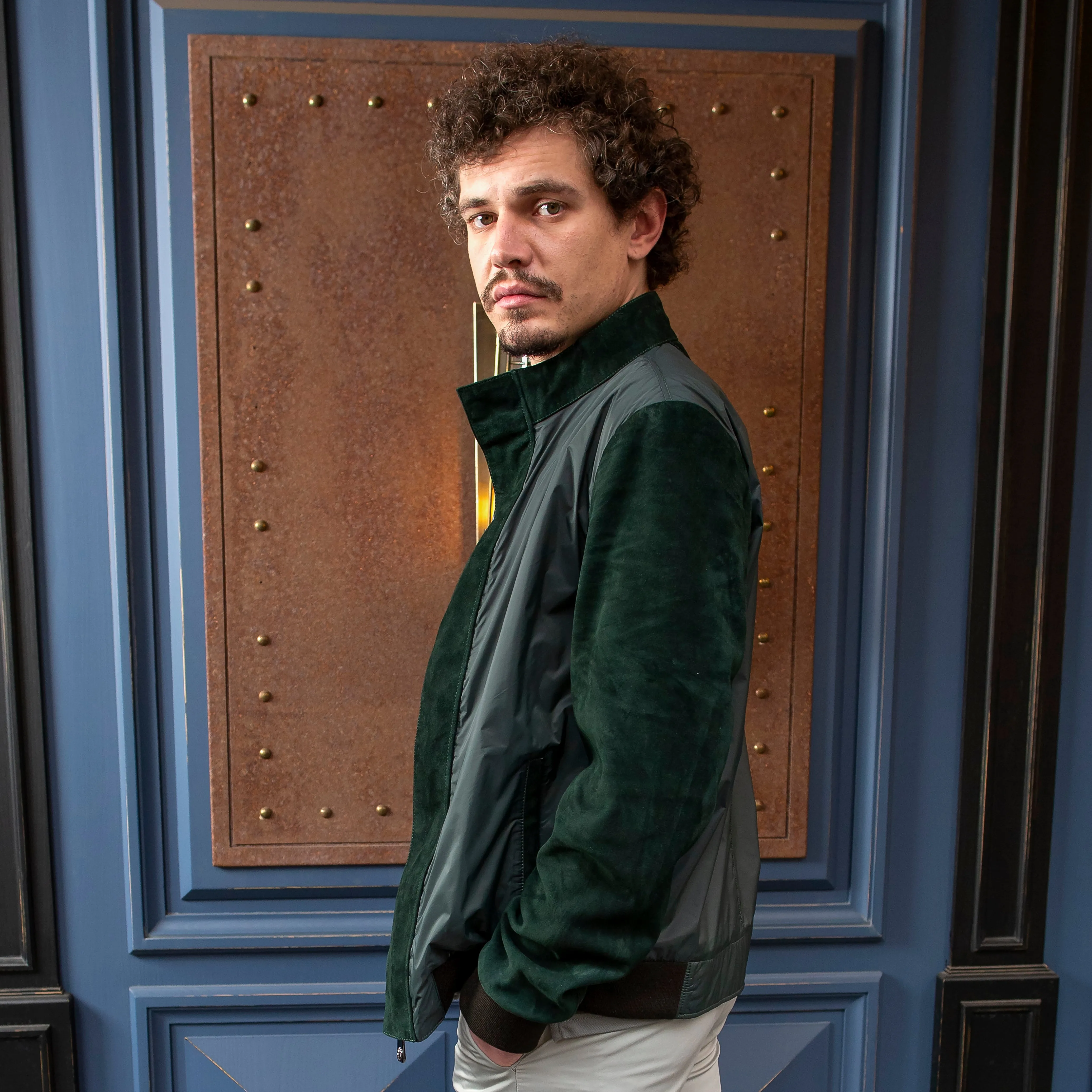 Suede & Fabric Zip Up Jacket