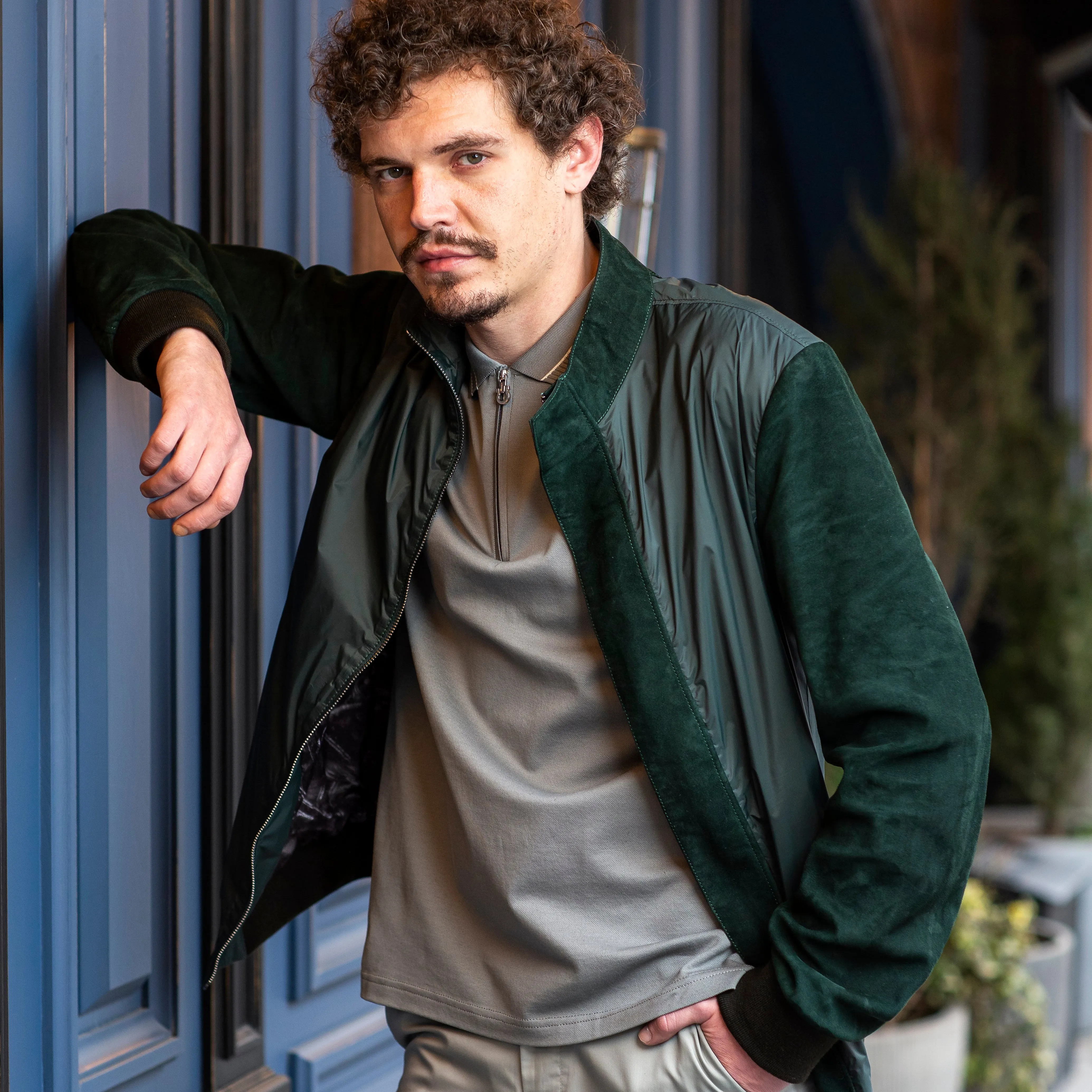 Suede & Fabric Zip Up Jacket