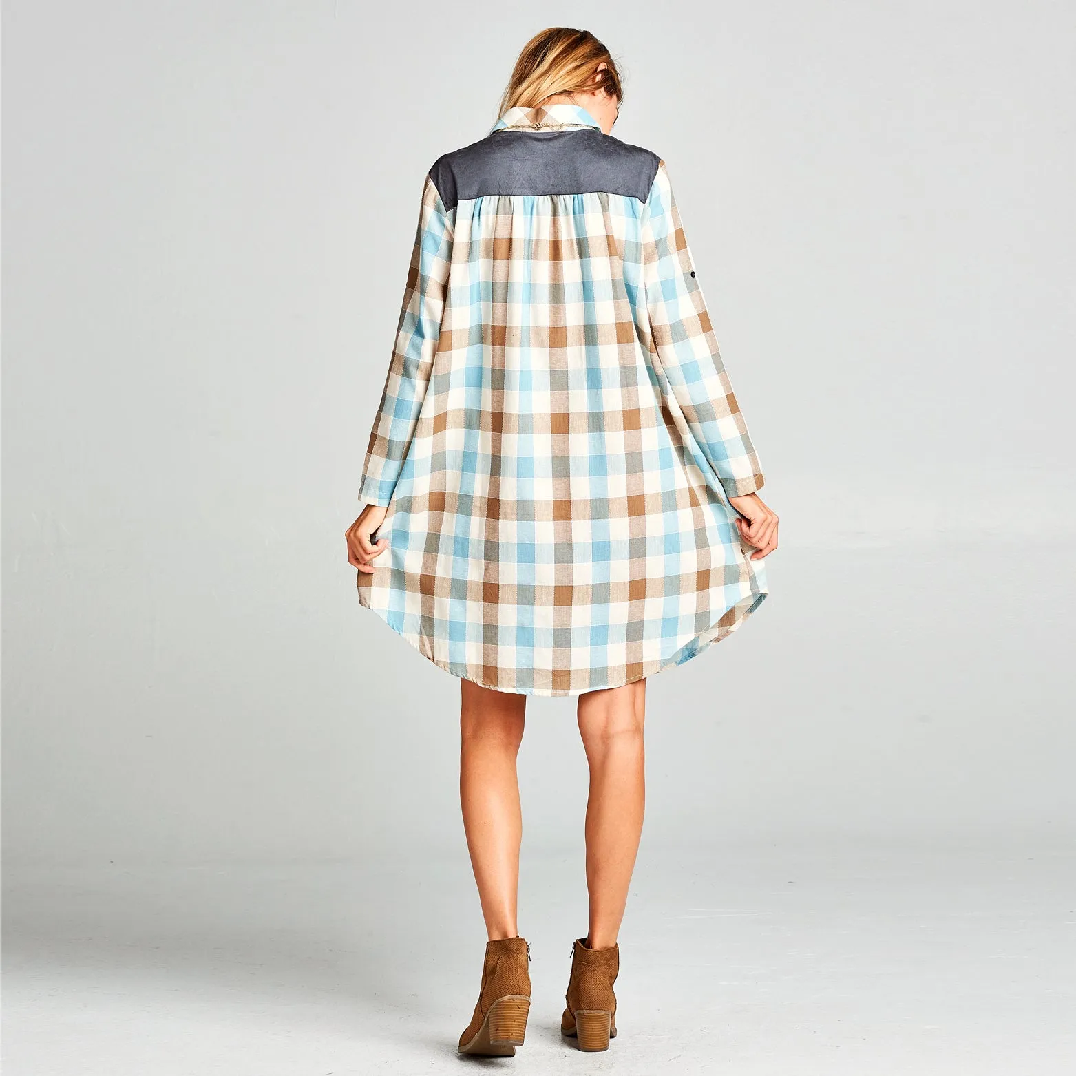 Suede Mix Checkered Shirt Dress