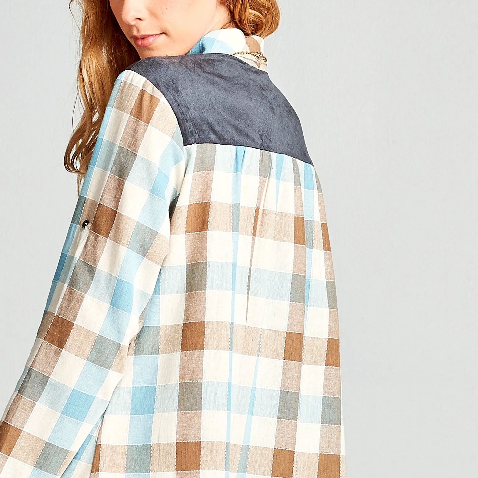 Suede Mix Checkered Shirt Dress