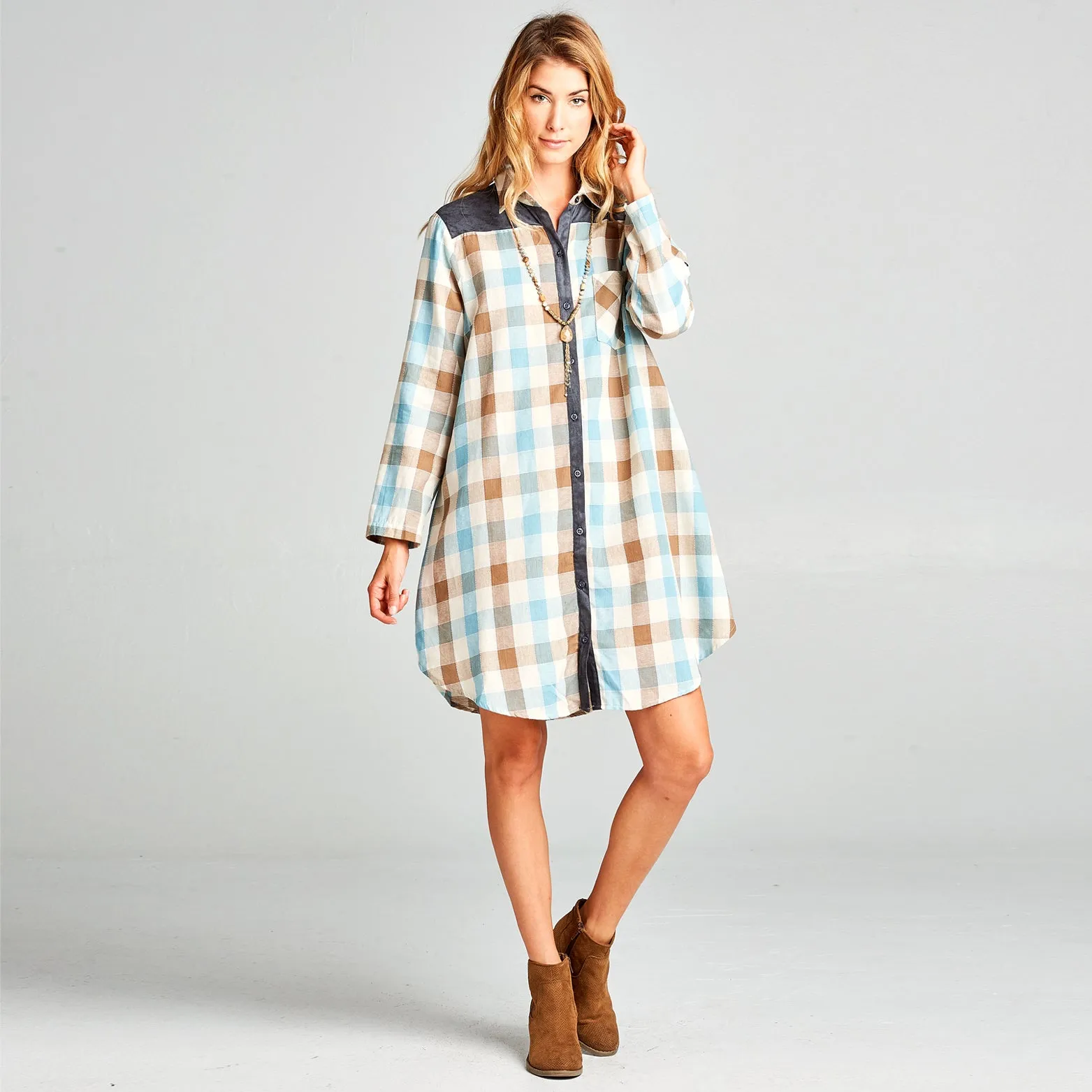 Suede Mix Checkered Shirt Dress