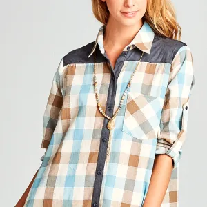 Suede Mix Checkered Shirt Dress