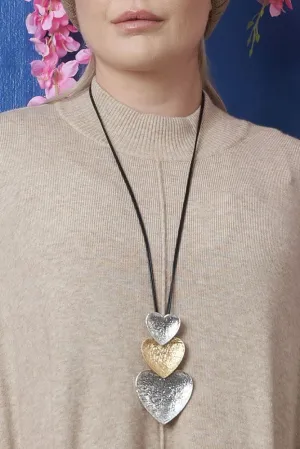 Suede Triple Heart 2 Tones Necklace