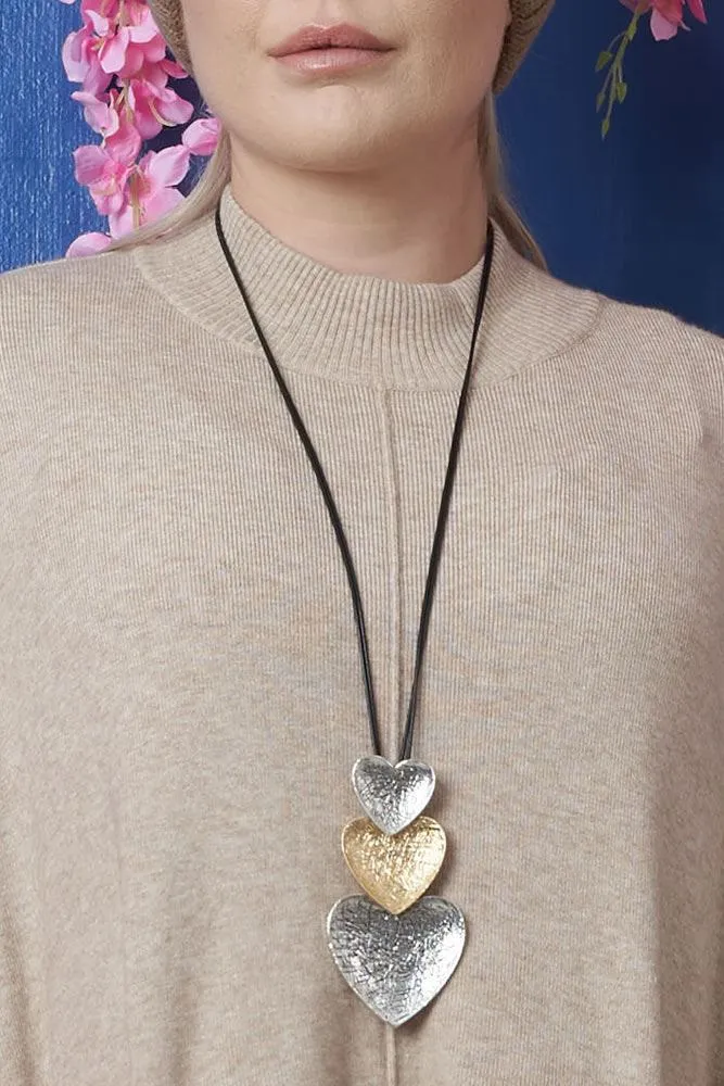 Suede Triple Heart 2 Tones Necklace