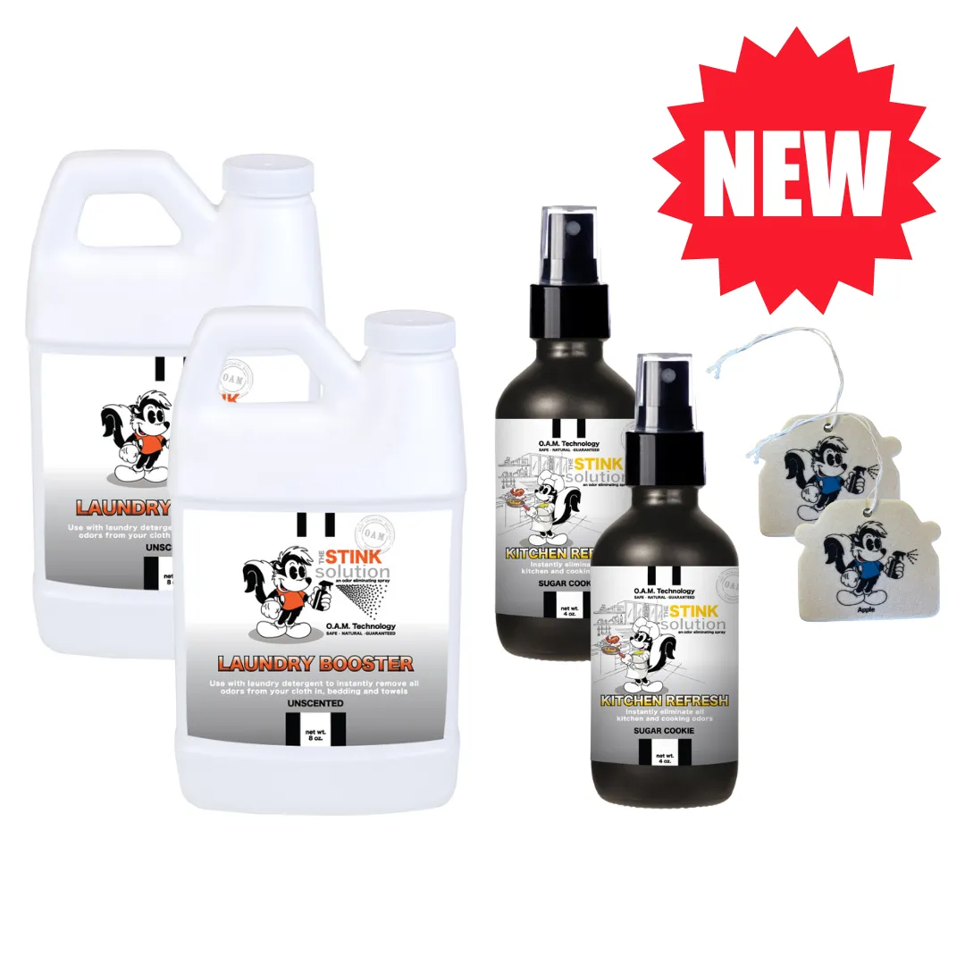 Super Sample Bundle - 2 Mini Laundry Boosters, Two 4 oz Kitchen Refresh Odor Eliminating Sprays   2 Car Air Fresheners