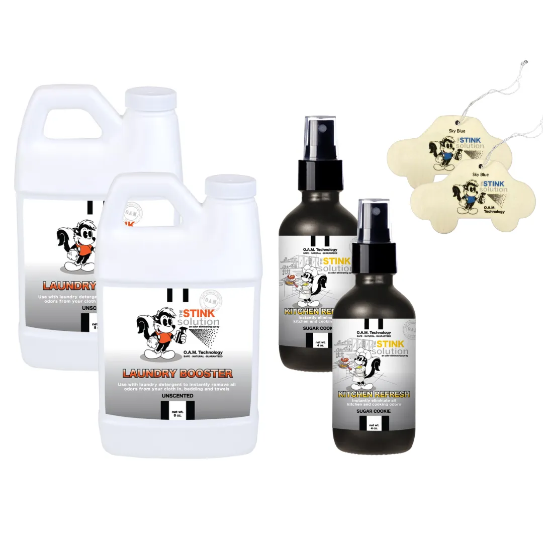 Super Sample Bundle - 2 Mini Laundry Boosters, Two 4 oz Kitchen Refresh Odor Eliminating Sprays   2 Car Air Fresheners
