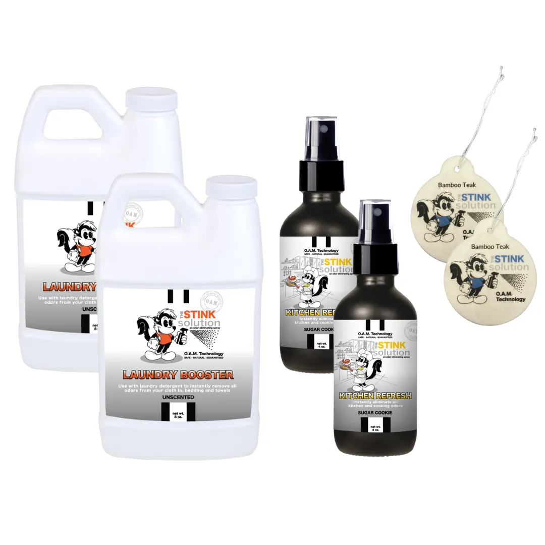 Super Sample Bundle - 2 Mini Laundry Boosters, Two 4 oz Kitchen Refresh Odor Eliminating Sprays   2 Car Air Fresheners