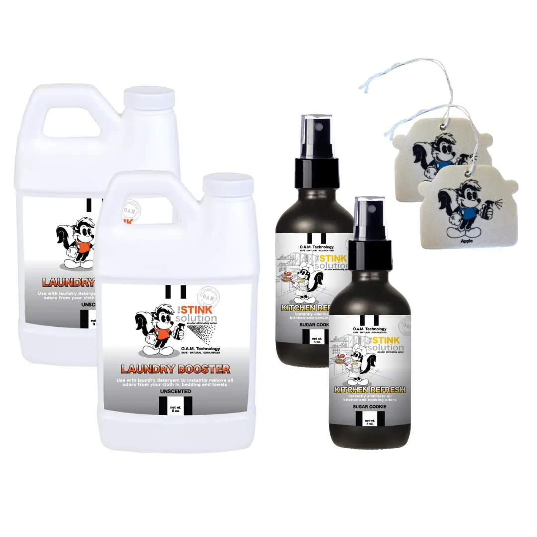 Super Sample Bundle - 2 Mini Laundry Boosters, Two 4 oz Kitchen Refresh Odor Eliminating Sprays   2 Car Air Fresheners