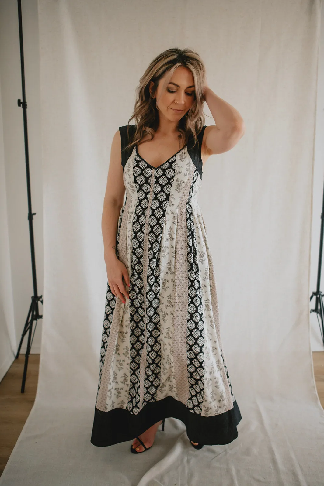 The Cameron Denim Detail Midi Dress - Black