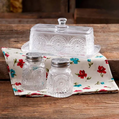 The Pioneer Woman Adeline Glass Butter Dish with Salt and Pepper Shaker Set