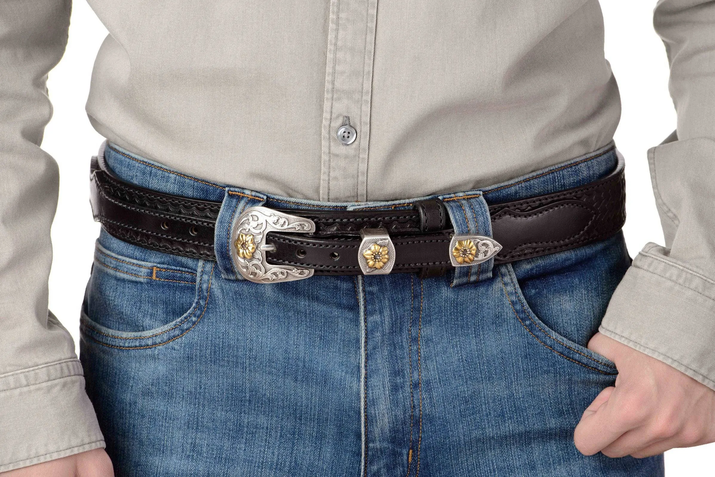 The Texan: Black Stitched Basket Weave Western Ranger 1.50"