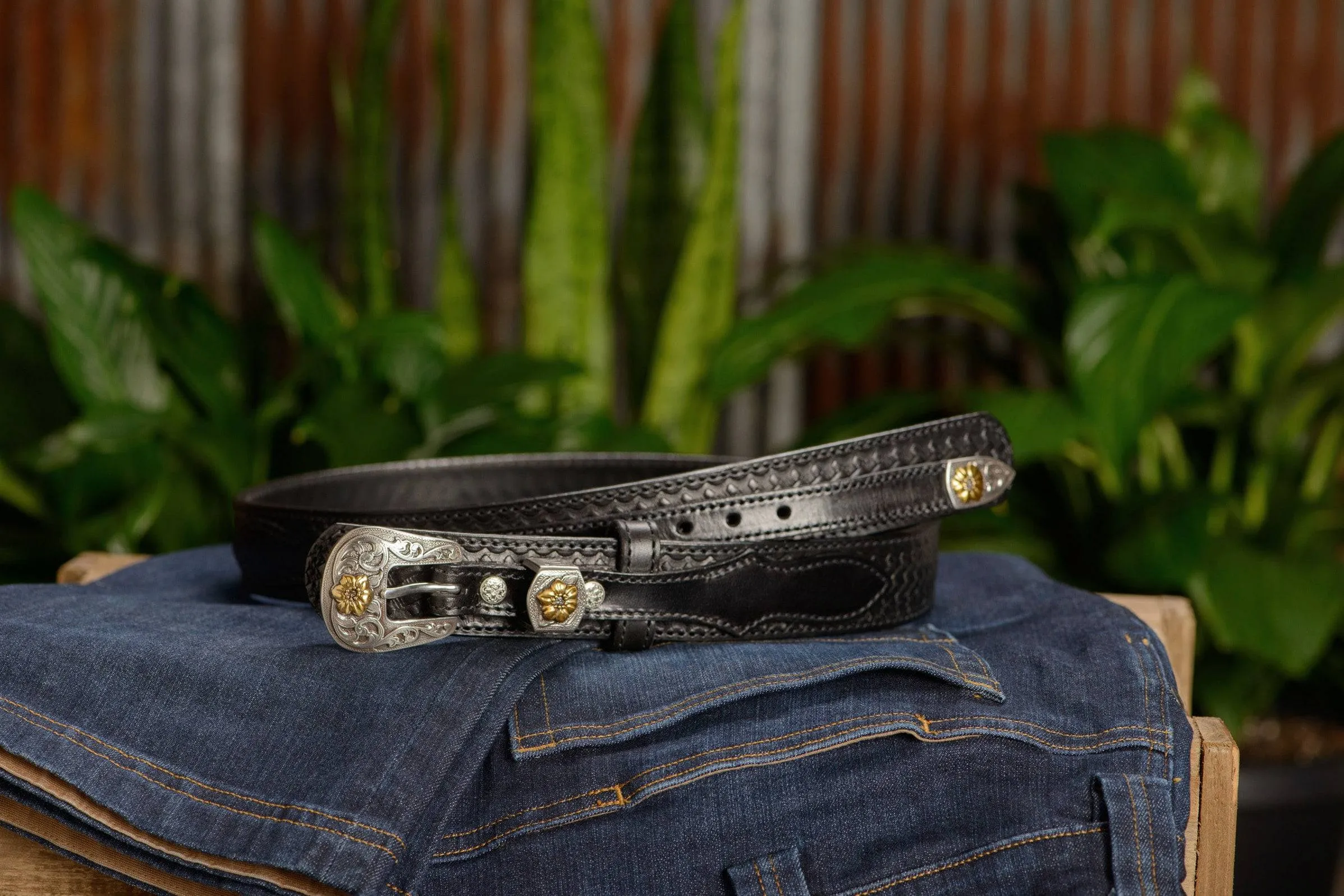 The Texan: Black Stitched Basket Weave Western Ranger 1.50"