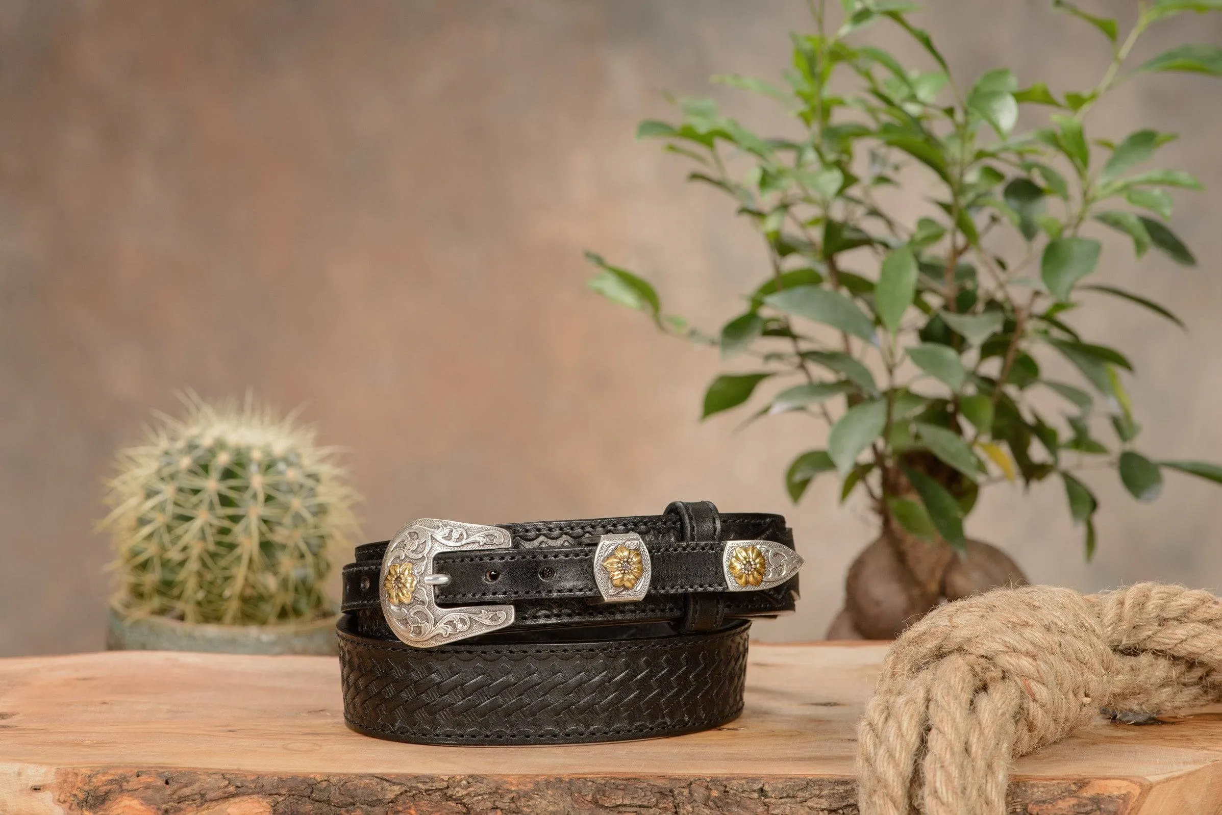 The Texan: Black Stitched Basket Weave Western Ranger 1.50"