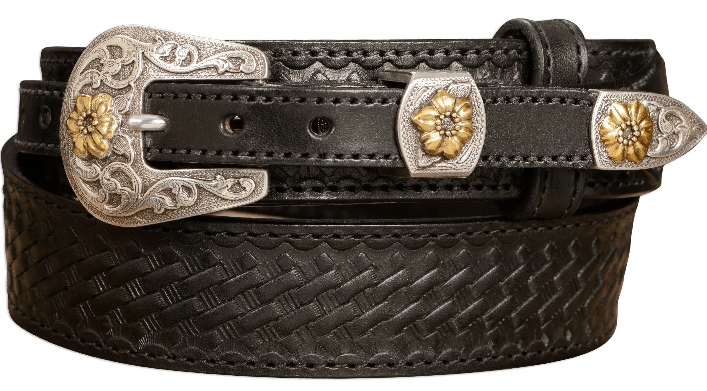 The Texan: Black Stitched Basket Weave Western Ranger 1.50"
