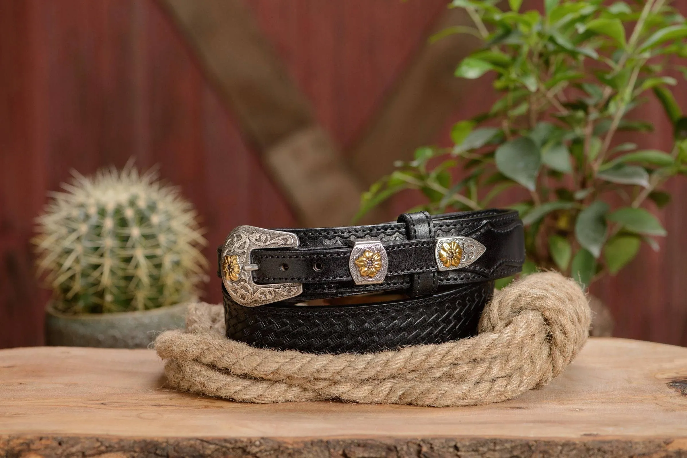 The Texan: Black Stitched Basket Weave Western Ranger 1.50"