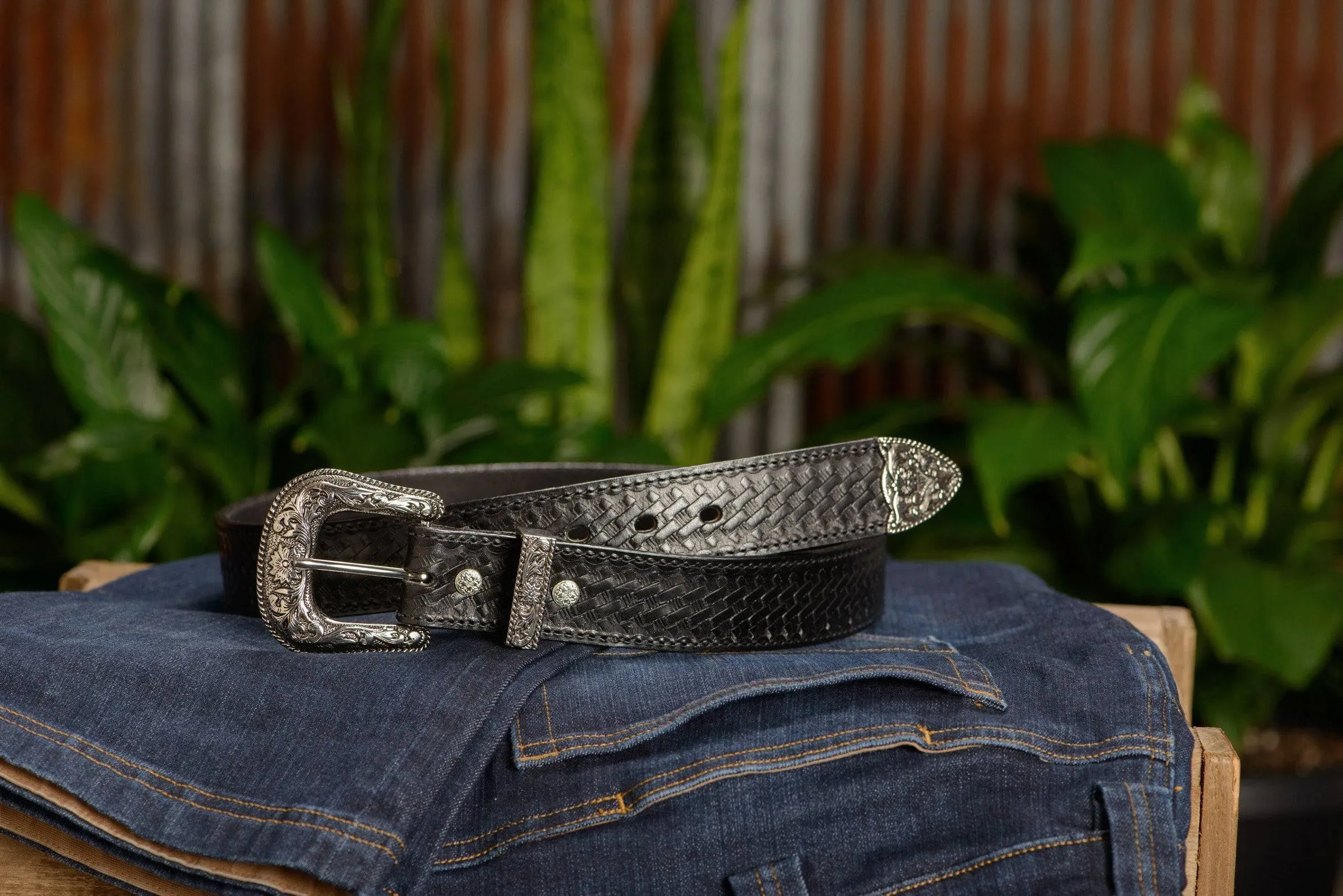 The Wayne: Men's Black Stitched Basket Weave Western Leather Belt 1.50"
