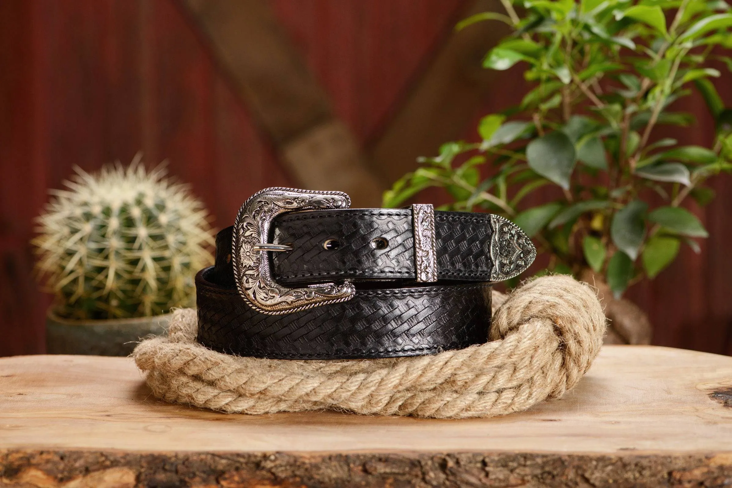 The Wayne: Men's Black Stitched Basket Weave Western Leather Belt 1.50"