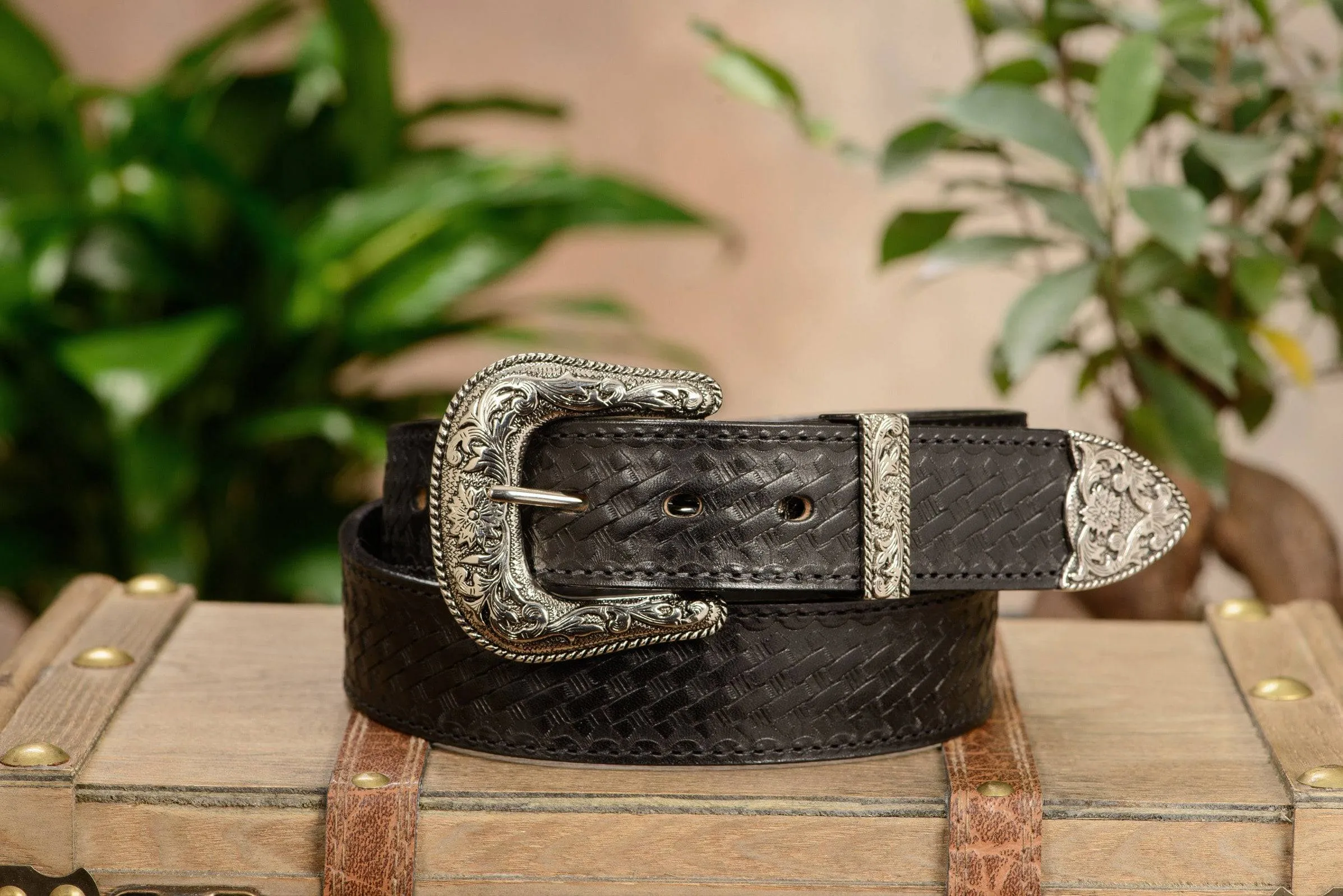 The Wayne: Men's Black Stitched Basket Weave Western Leather Belt 1.50"