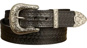The Wayne: Men's Black Stitched Basket Weave Western Leather Belt 1.50"