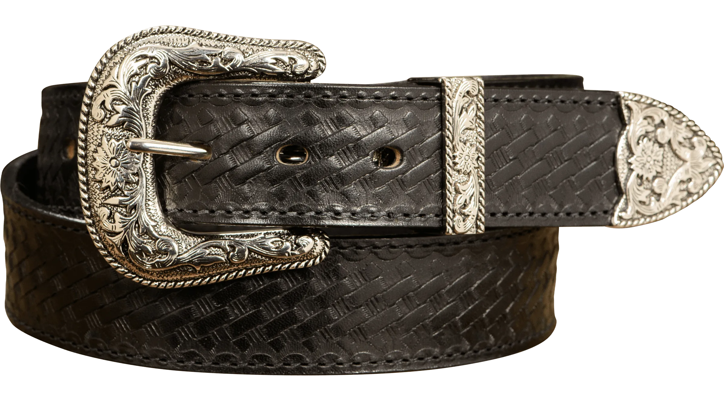 The Wayne: Men's Black Stitched Basket Weave Western Leather Belt 1.50"
