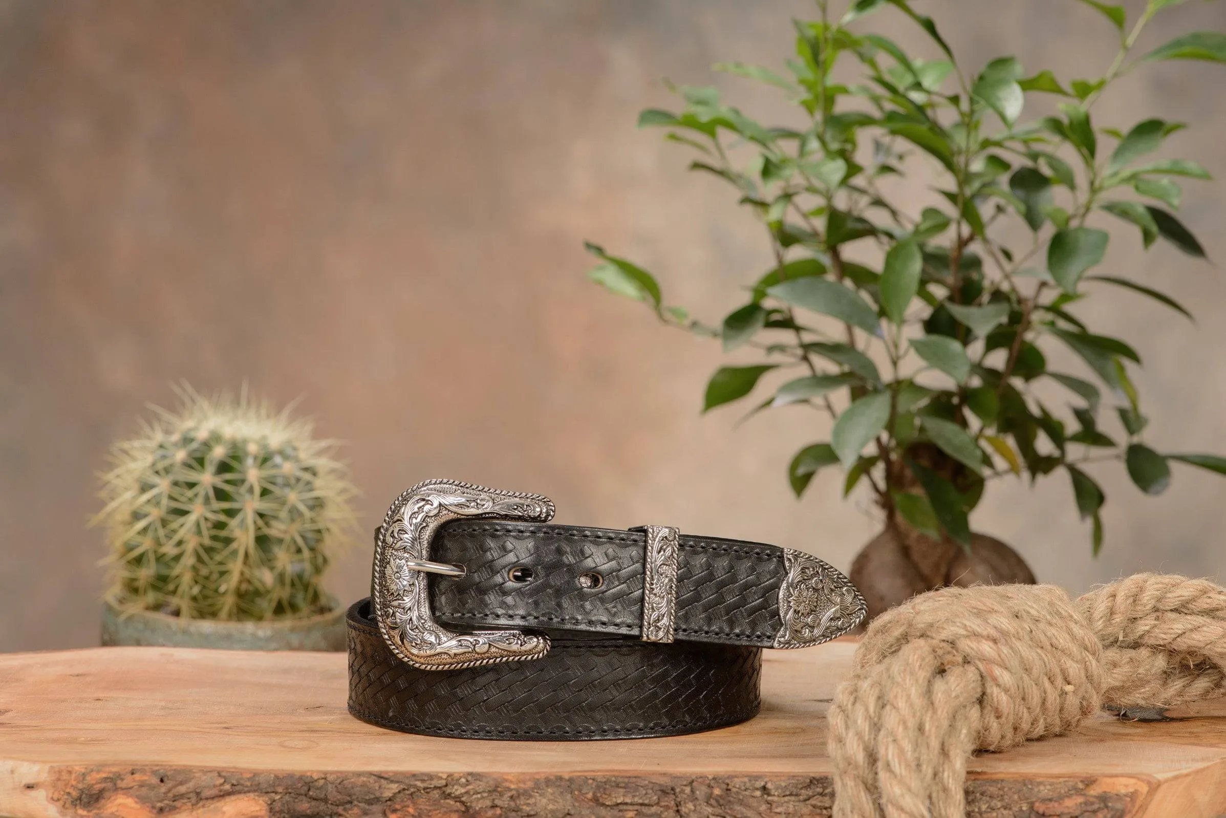 The Wayne: Men's Black Stitched Basket Weave Western Leather Belt 1.50"