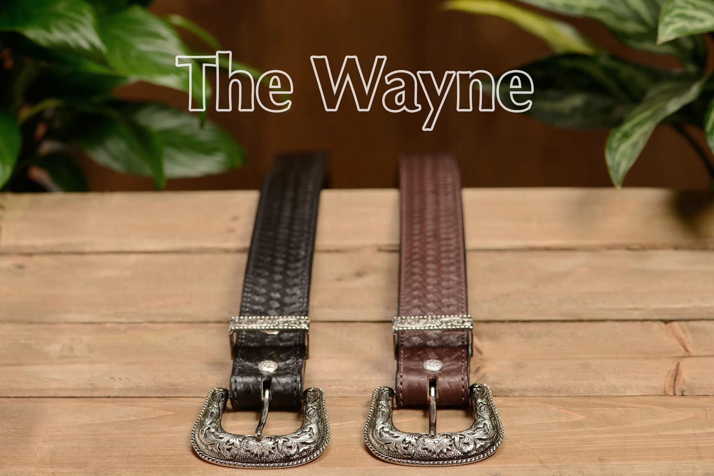 The Wayne: Men's Black Stitched Basket Weave Western Leather Belt 1.50"