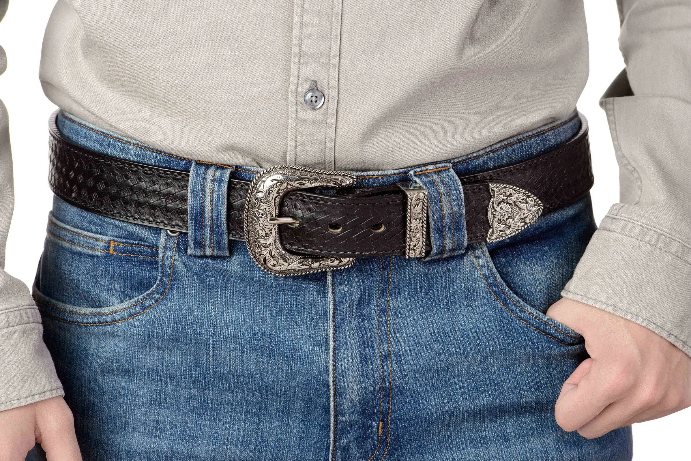 The Wayne: Men's Black Stitched Basket Weave Western Leather Belt 1.50"