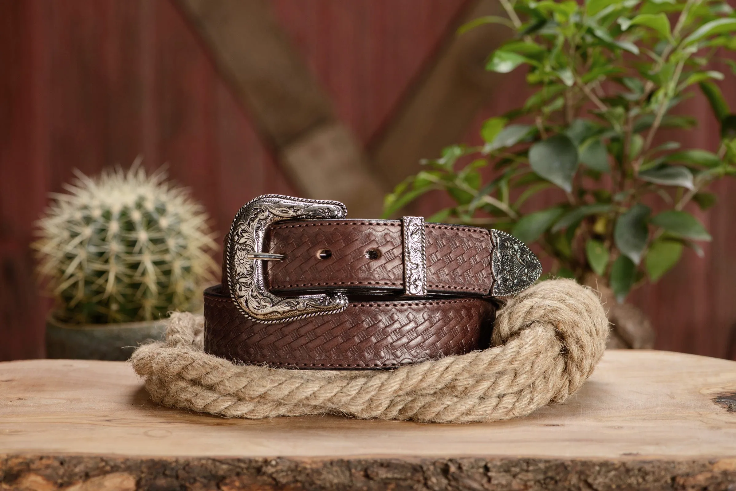 The Wayne: Men's Brown Stitched Basket Weave Western Leather Belt 1.50"