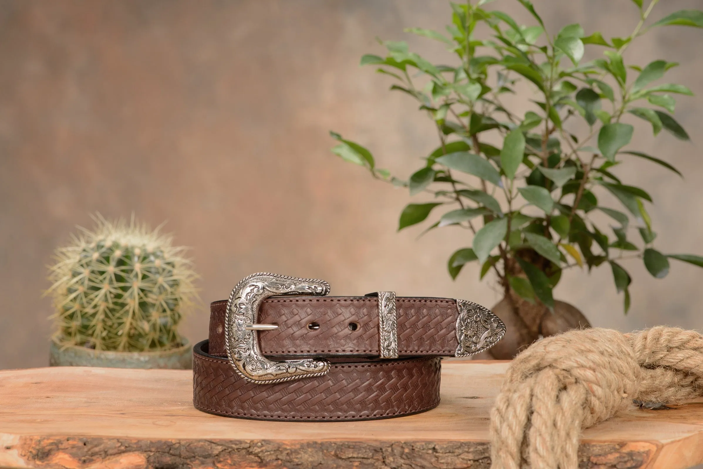 The Wayne: Men's Brown Stitched Basket Weave Western Leather Belt 1.50"