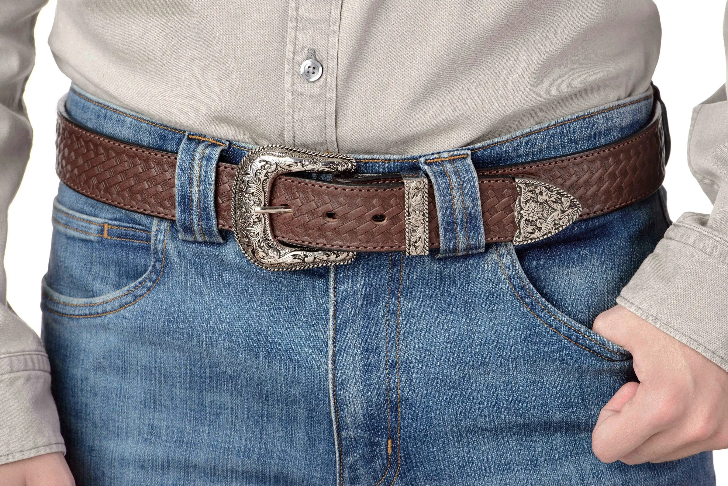 The Wayne: Men's Brown Stitched Basket Weave Western Leather Belt 1.50"