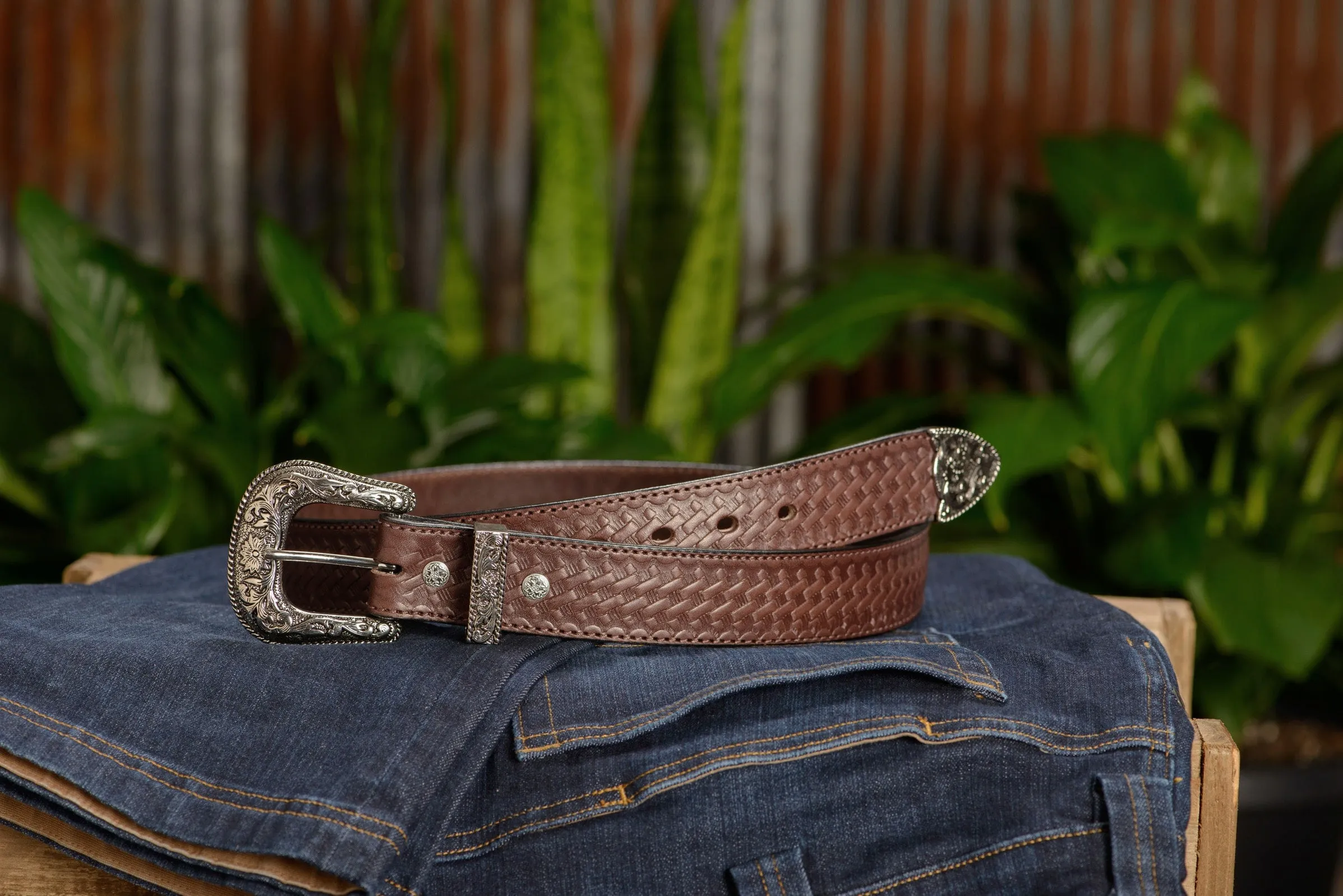 The Wayne: Men's Brown Stitched Basket Weave Western Leather Belt 1.50"